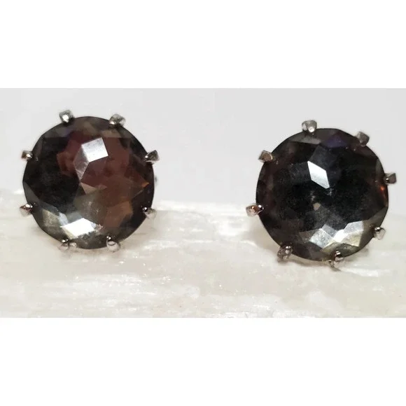 VTG Cuff Links Smoky Gray Crystal Stones Prong Set Faceted Shiny .75" Size Round - Picture 2 of 10